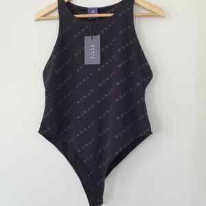 MONAT NWT XL Black w/Gray Logo High Neck Body Suit 2 Snap Nylon Spandex Stretch